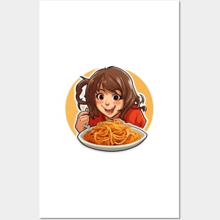 Cute Girl Eating Spaghetti Posters and Art